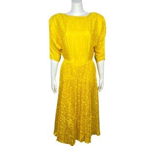 Vintage 80s Silk Studio 100% Silk Midi Dress Size 10 Floral Jacquard Pleated